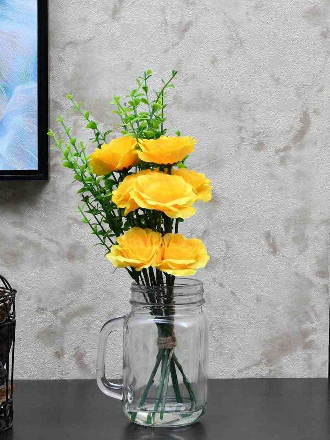 

Athome by Nilkamal Artificial Yellow Rose With Mason Glass Jar