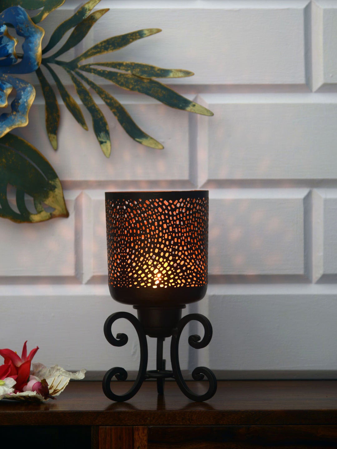 

Athome by Nilkamal Black & Brown Hurricane Jali Candle Holders With Stand