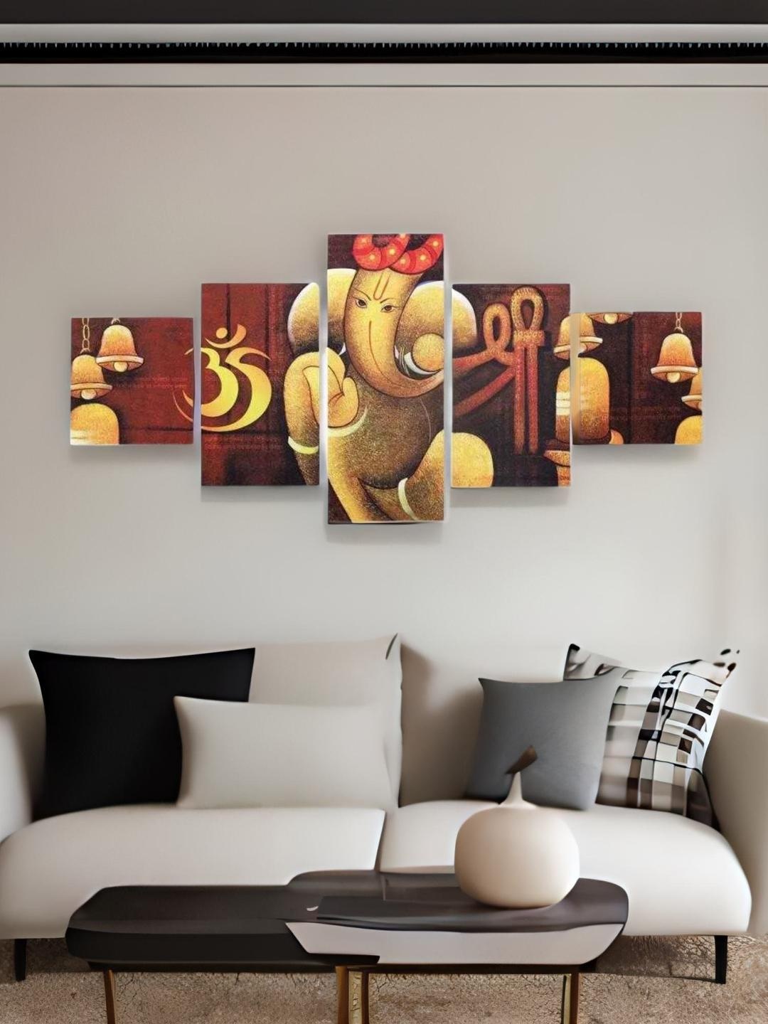 

Athome by Nilkamal Brown & Yellow 5 Panels Om Ganesha Paintings
