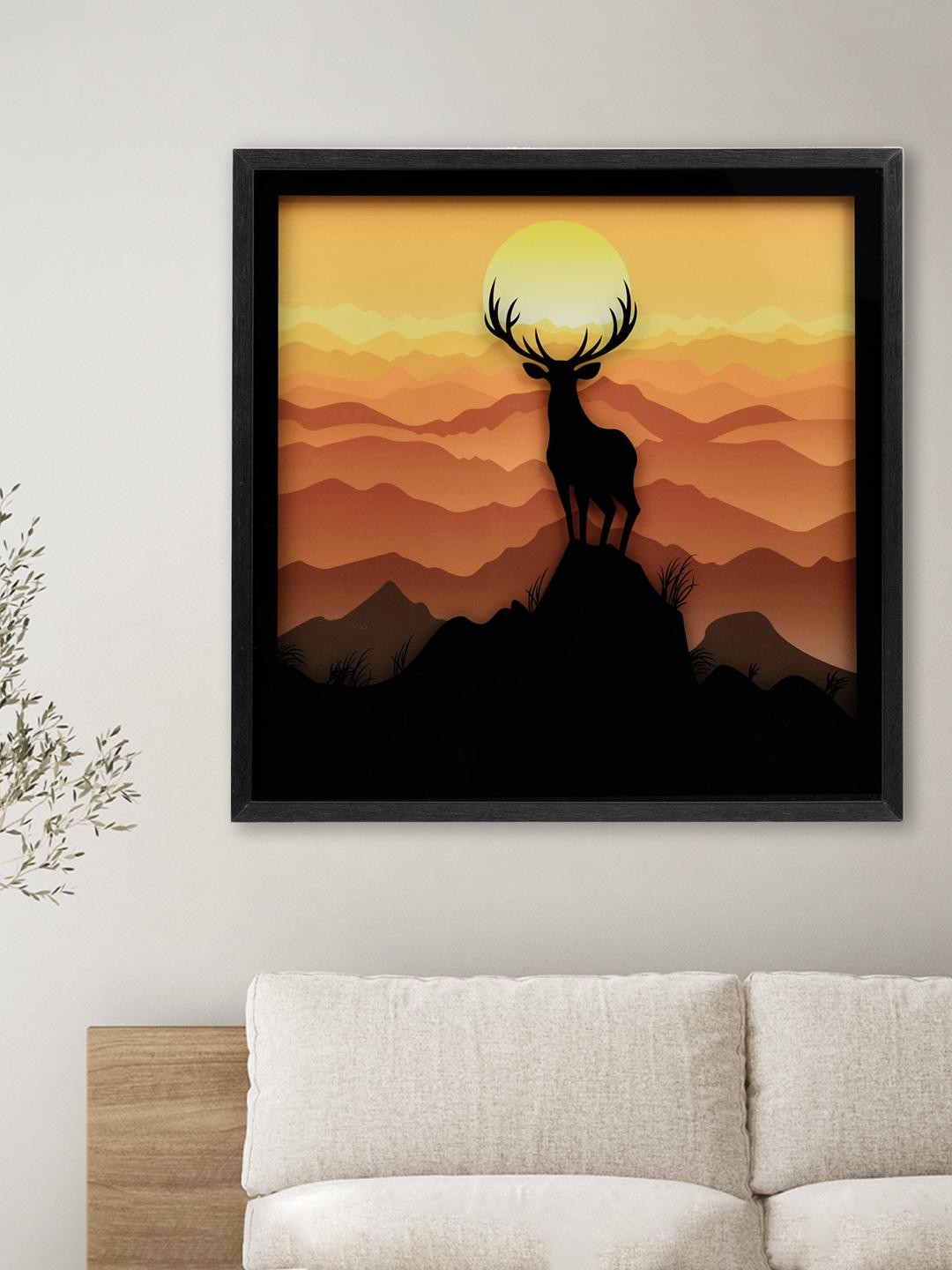 

Athome by Nilkamal Mustard Yellow & Black Deer on Mountain Glass Painting