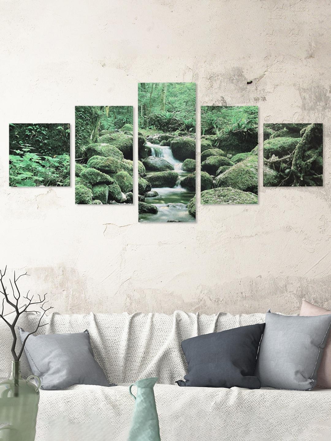 

Athome by Nilkamal Green & Black Set of 5 Waterfall At Forest Wall Photographs