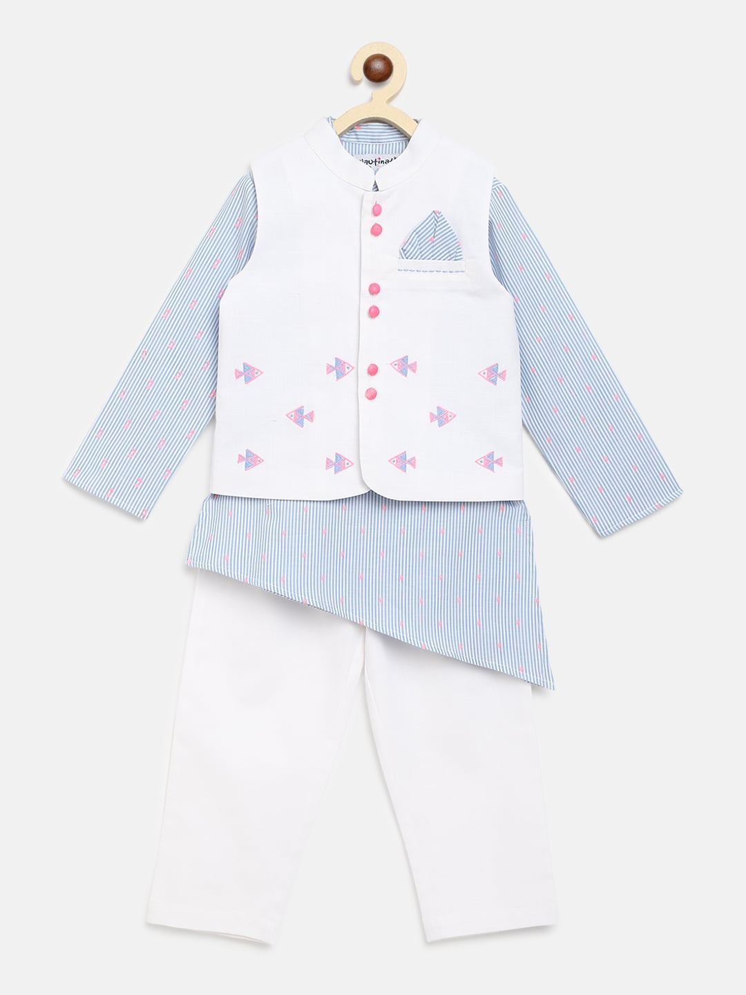 

Nauti Nati Boys White Printed Pure Cotton Kurta with Pyjamas & Nehru Jacket