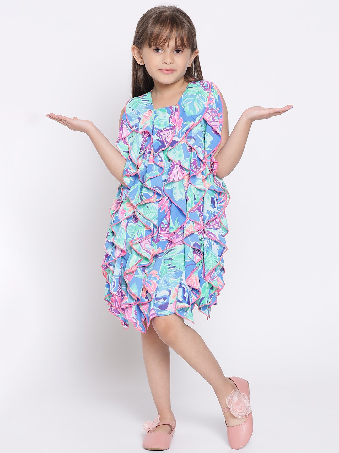 

Nauti Nati Girls Blue & Pink Floral Georgette Ruffled Dress