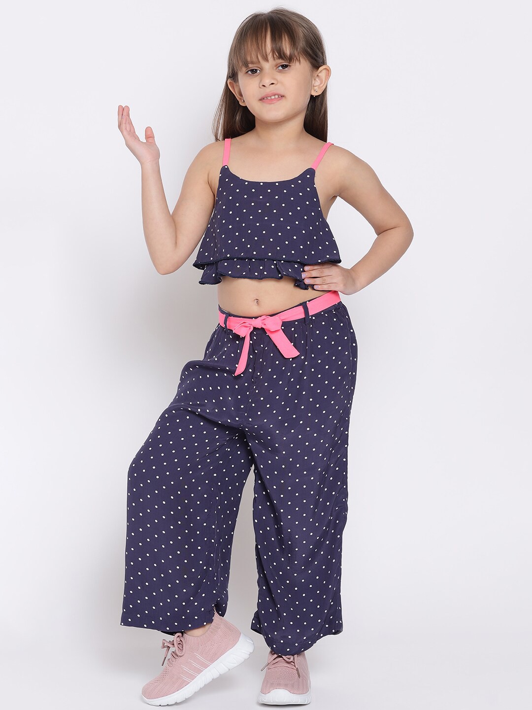 

Nauti Nati Girls Navy Blue & Pink Polka Dot Cotton Co-Ord