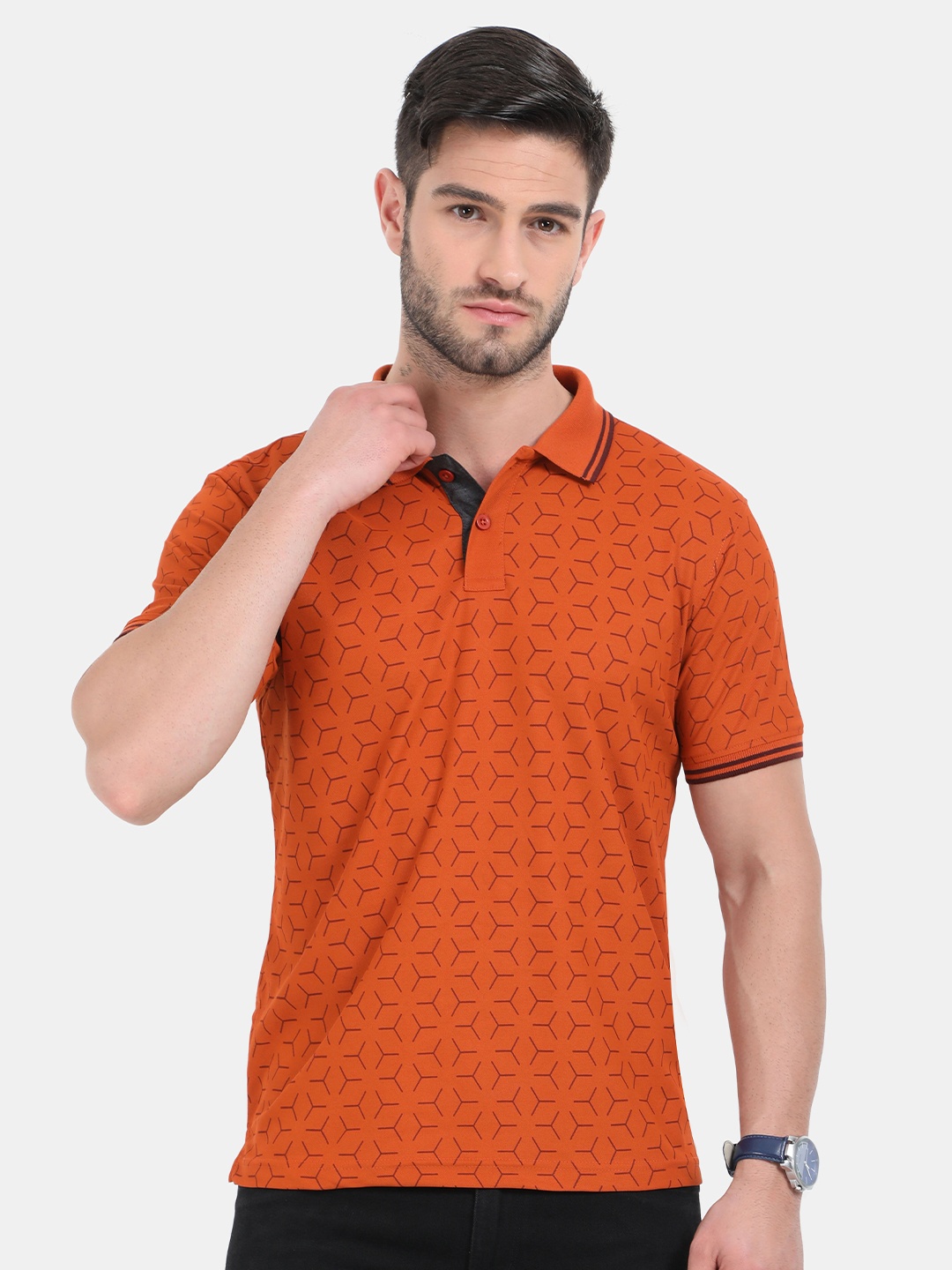 

ARDEUR Men Orange Printed Polo Collar Dri-FIT Slim Fit T-shirt