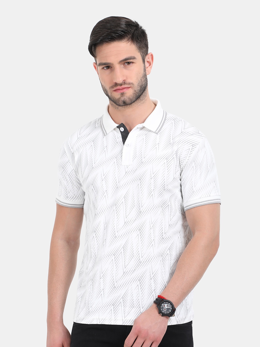 

ARDEUR Men White Printed Polo Collar Dri-FIT Pockets Slim Fit Outdoor T-shirt