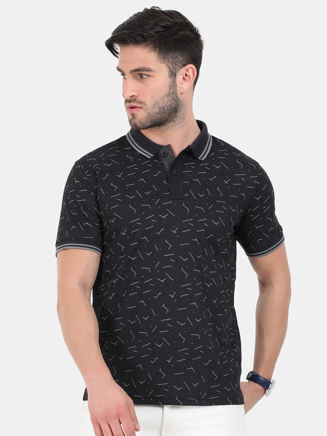 

ARDEUR Men Black & Grey Printed Polo Collar Dri-FIT T-shirt