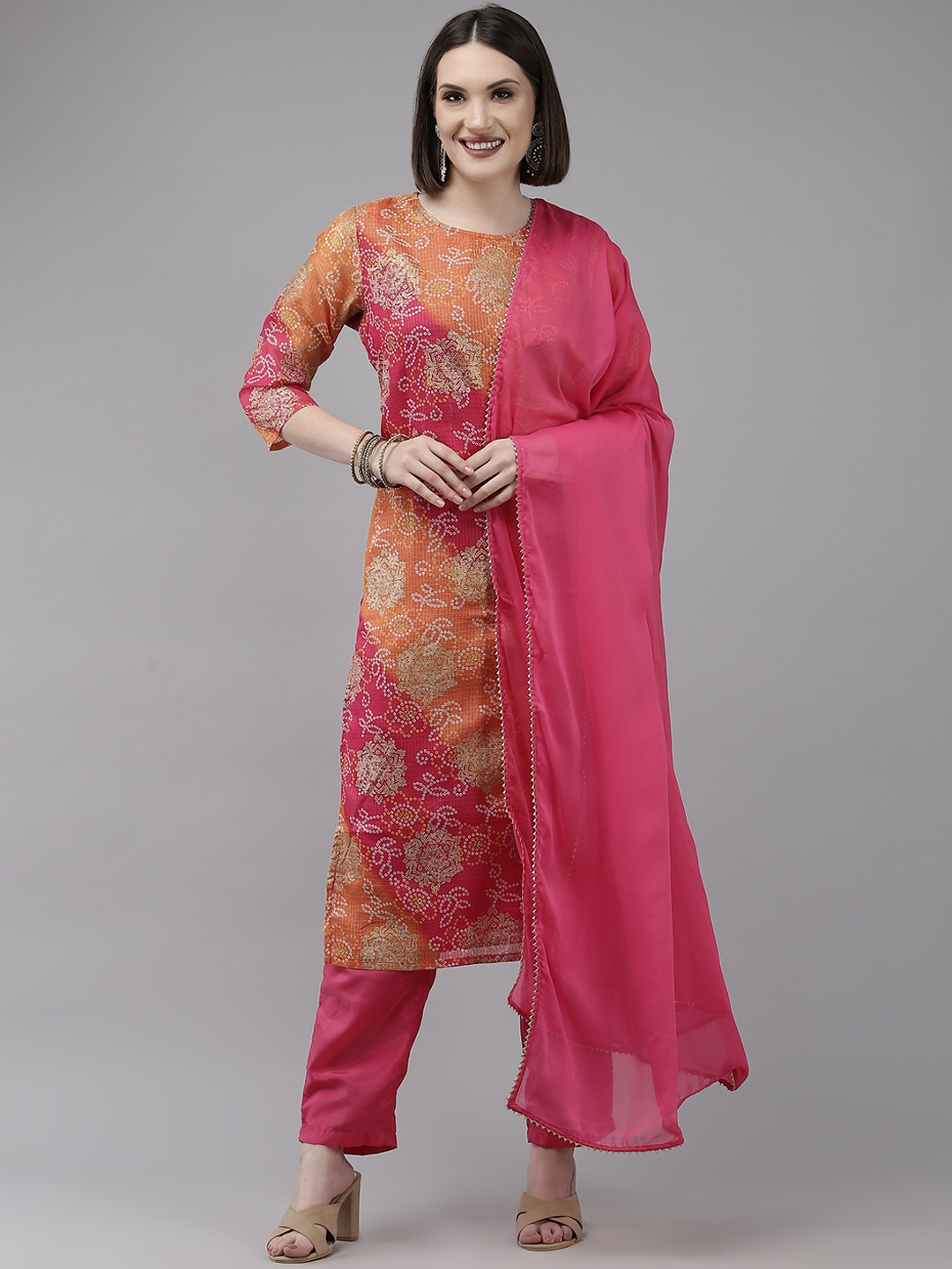 

Ishin Women Pink Bandhani Printed Gotta Patti Kurta with Trousers & With Dupatta