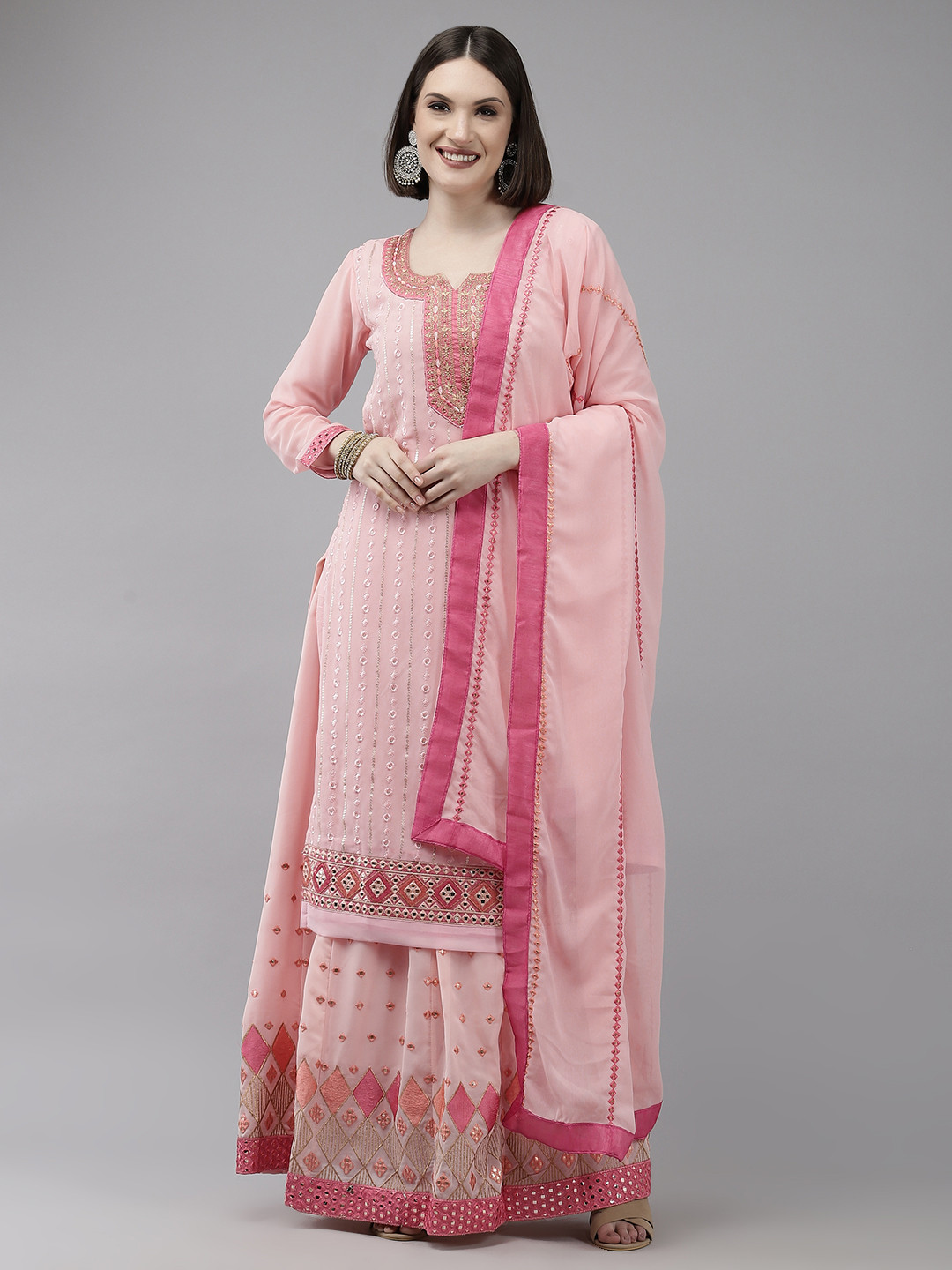 

Ishin Women Pink Floral Embroidered Kurta with Skirt & With Dupatta