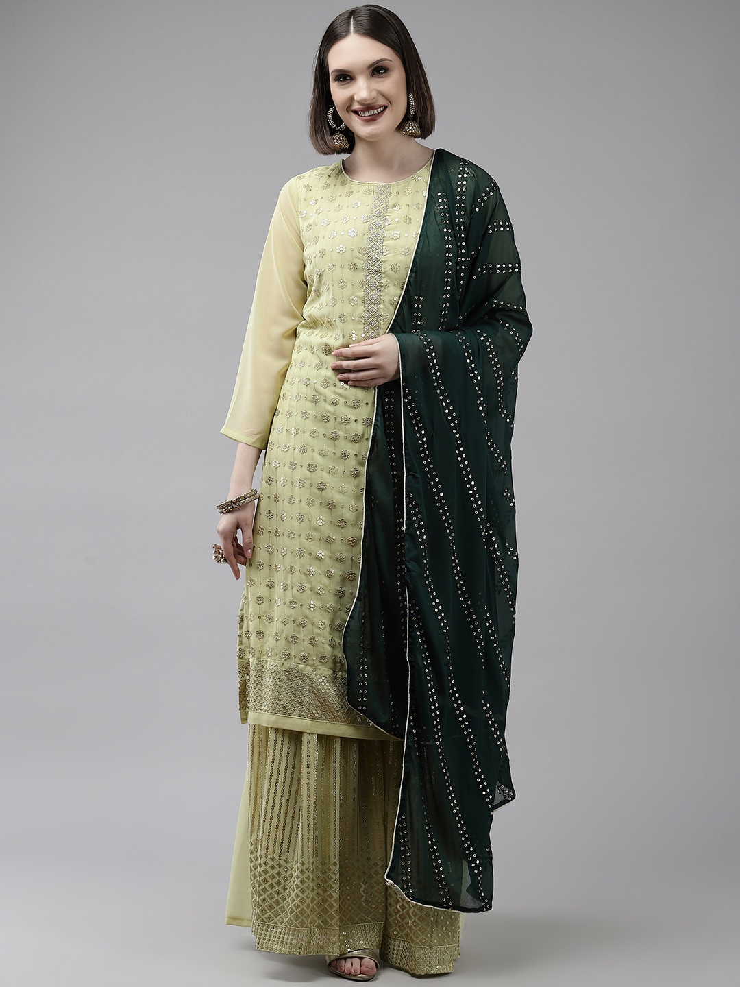 

Ishin Women Green Ethnic Motifs Embroidered Sequinned Kurta with Sharara & With Dupatta