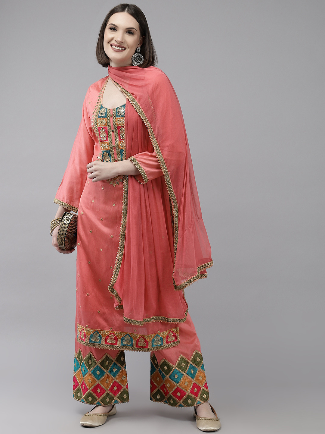 

Ishin Women Pink Embroidered Kurta with Palazzos & With Dupatta