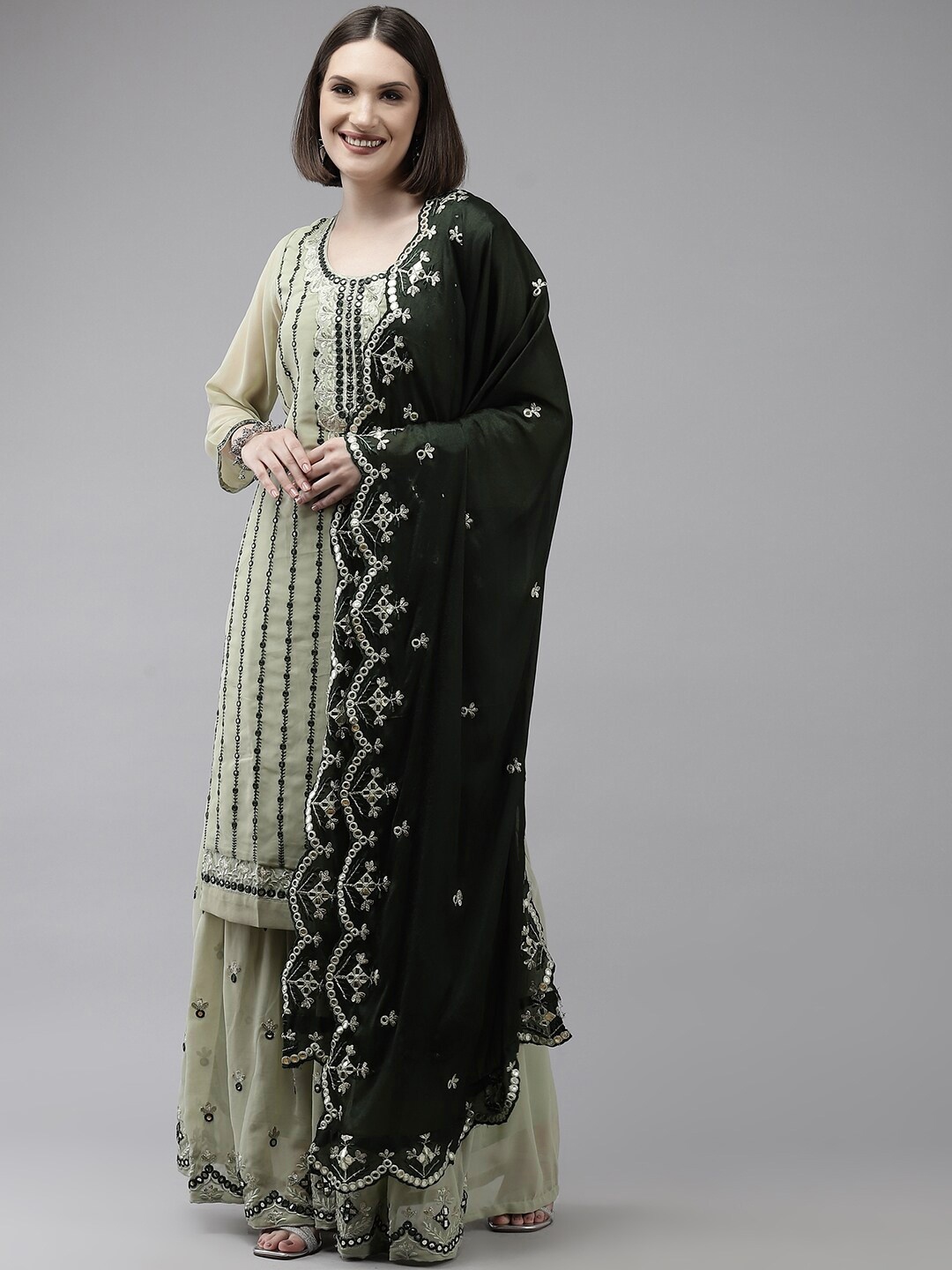 

Ishin Women Green Embroidered Mirror Work Kurta with Sharara & With Dupatta