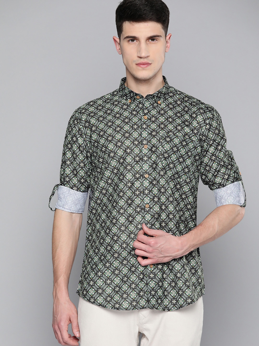 

DENNISON Men Green Smart Slim Fit Printed Casual Shirt