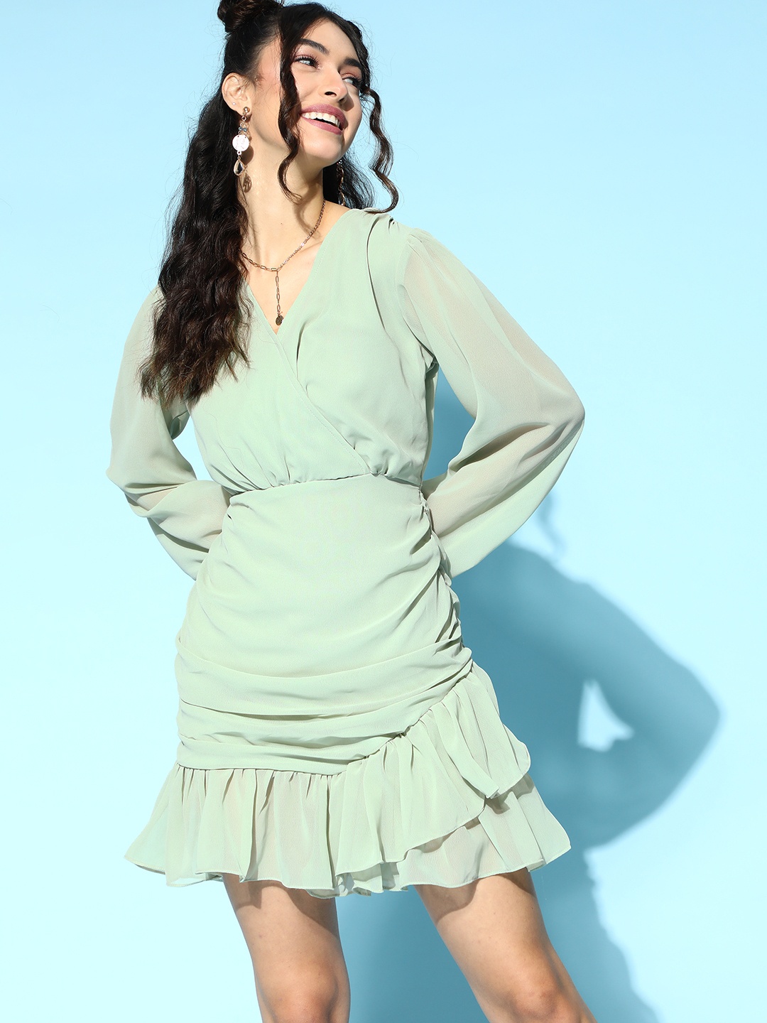 

plusS Women Gorgeous Green Solid Bishop Sleeves Dress