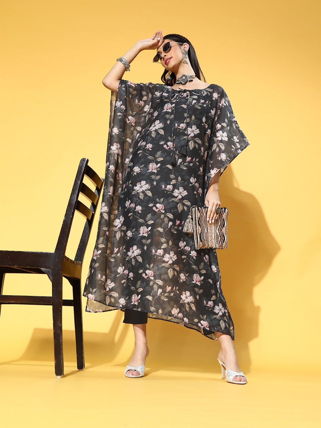 

anayna Floral Poly-Chanderi Kaftan Kurta Set, Taupe