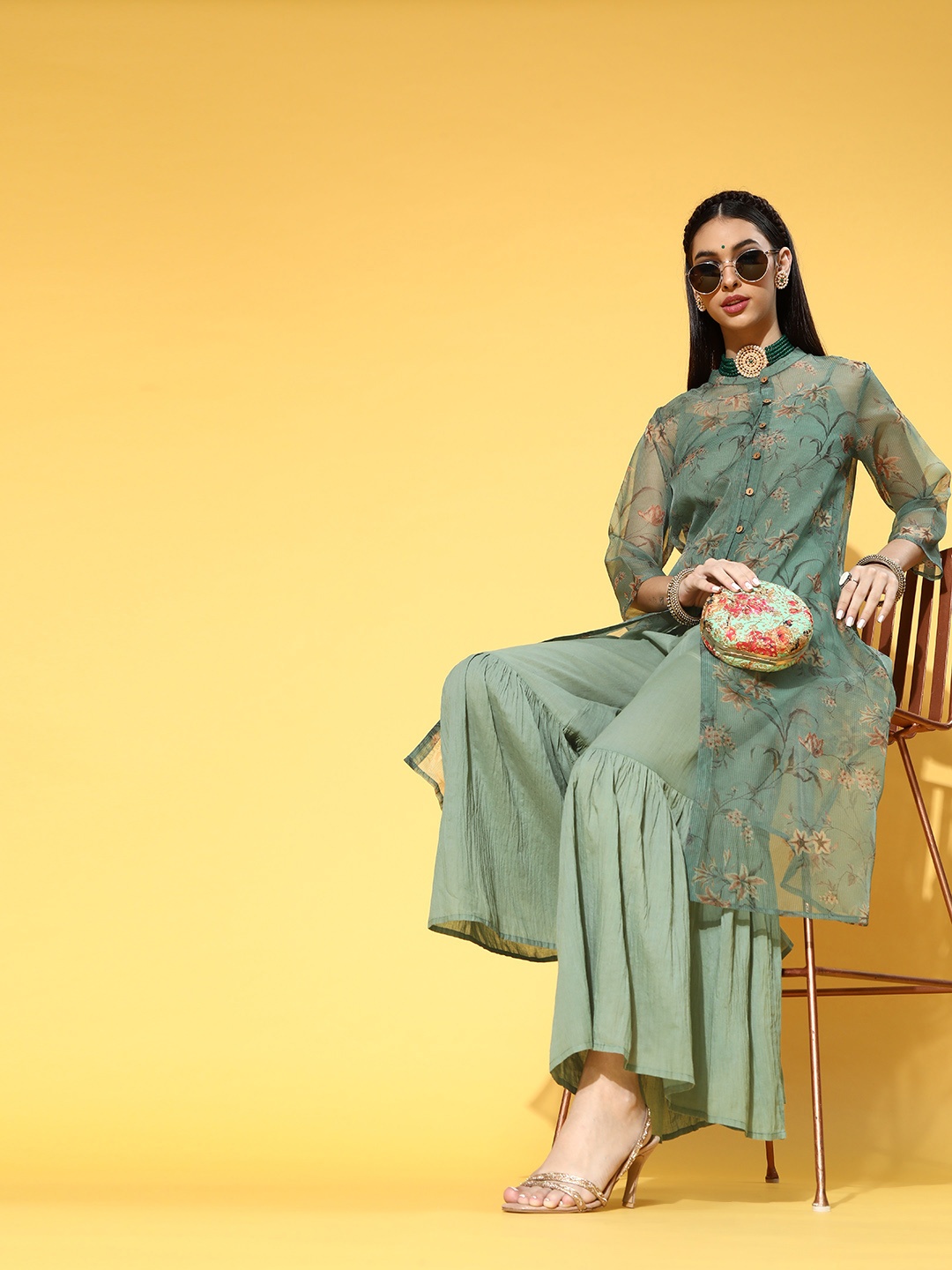 

anayna Floral Organza Short Kurti with Sharara, Green