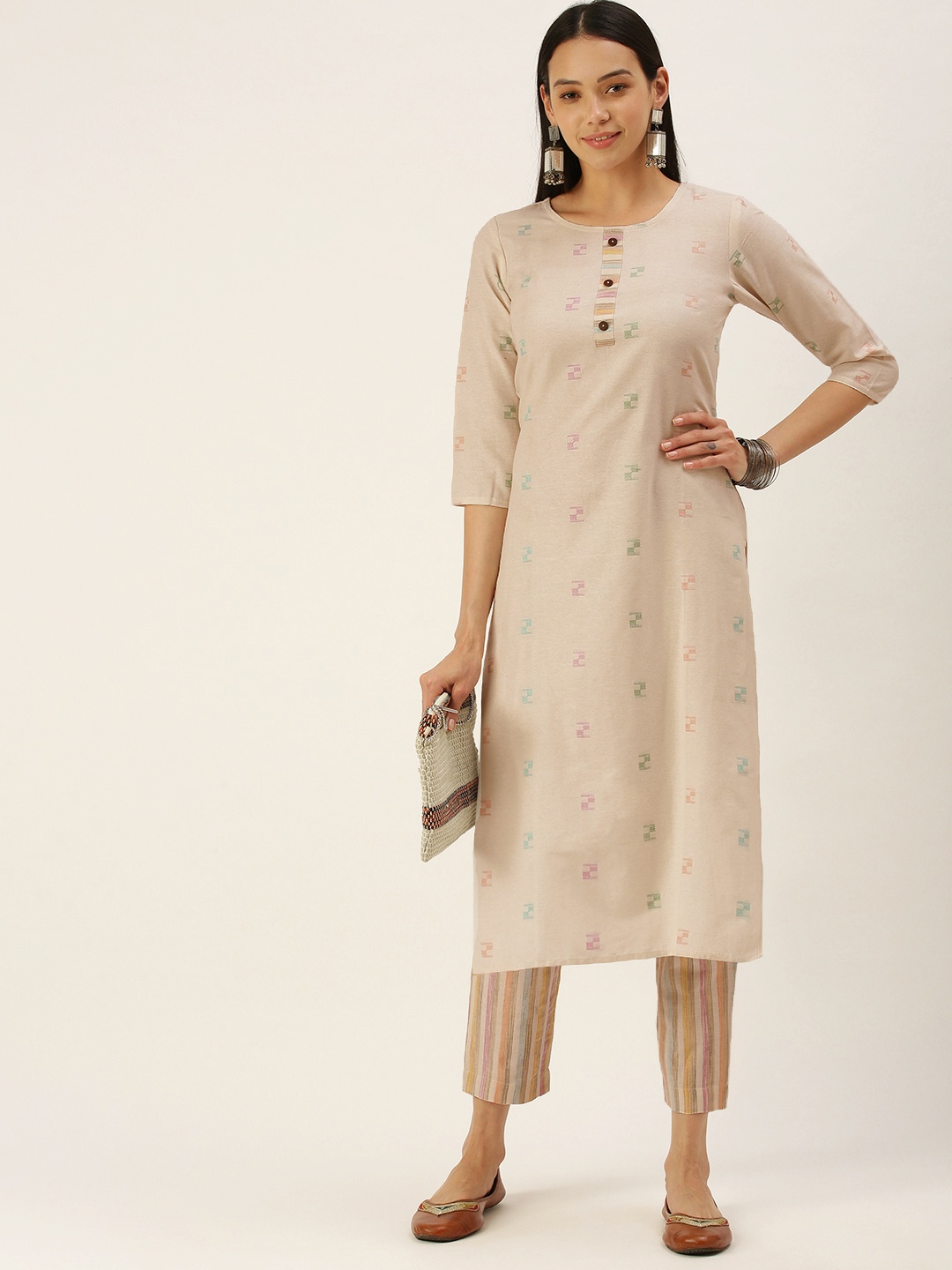 

Saanjh Women Beige Pure Cotton Kurta with Trousers