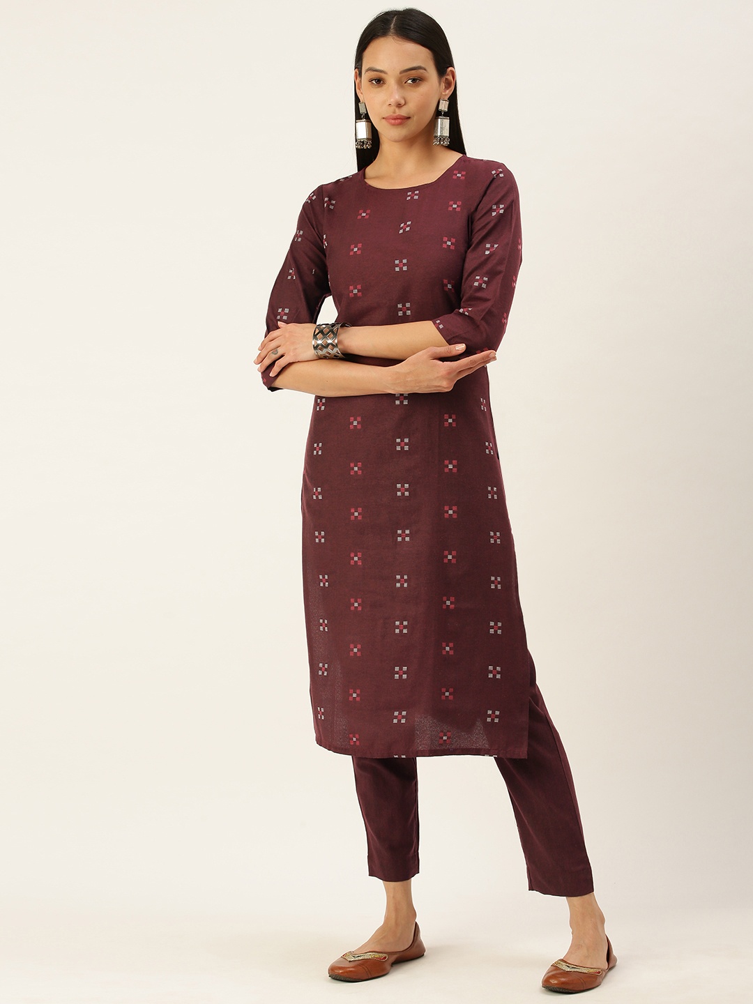 

Saanjh Women Maroon Woven Design Pure Cotton Kurta with Trousers