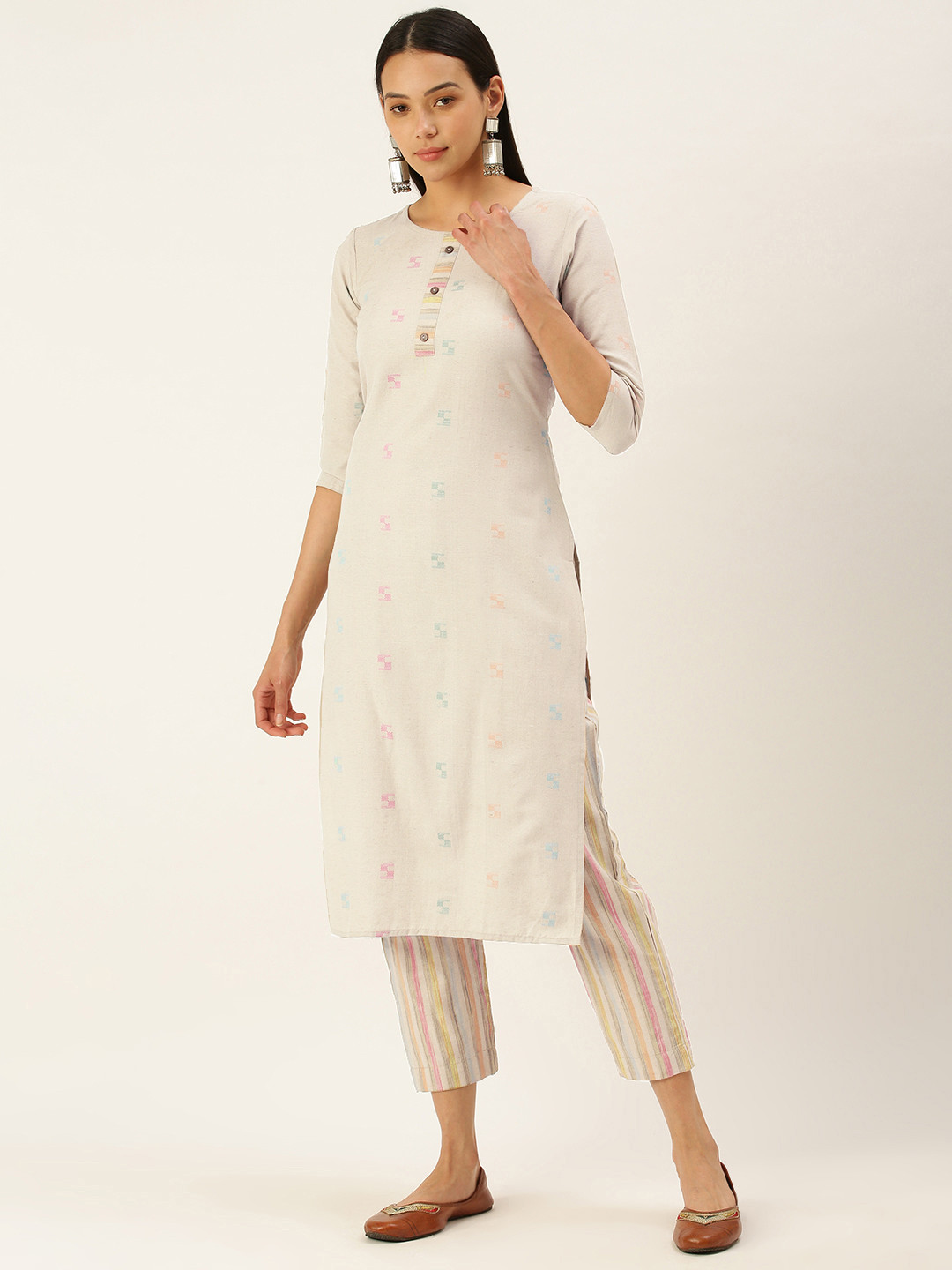 

Saanjh Women Off White Woven Design Pure Cotton Kurta with Trousers