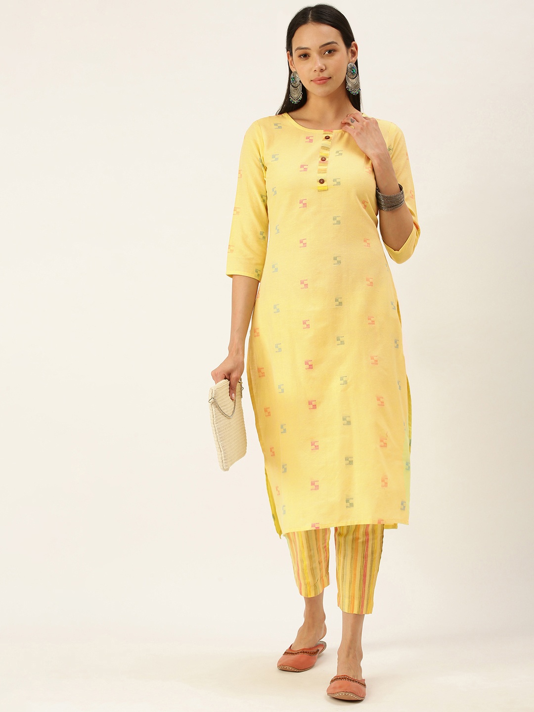 

Saanjh Women Yellow Woven Design Pure Cotton Kurta with Trousers