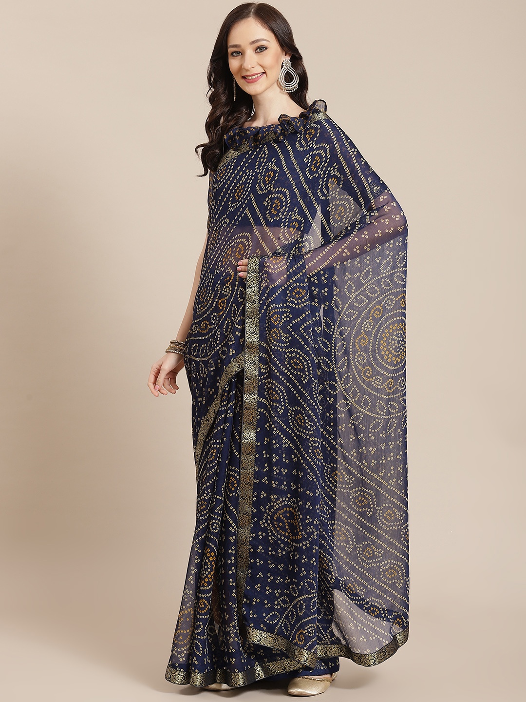 

Satrani Women Navy Blue & Yellow Bandhani Saree