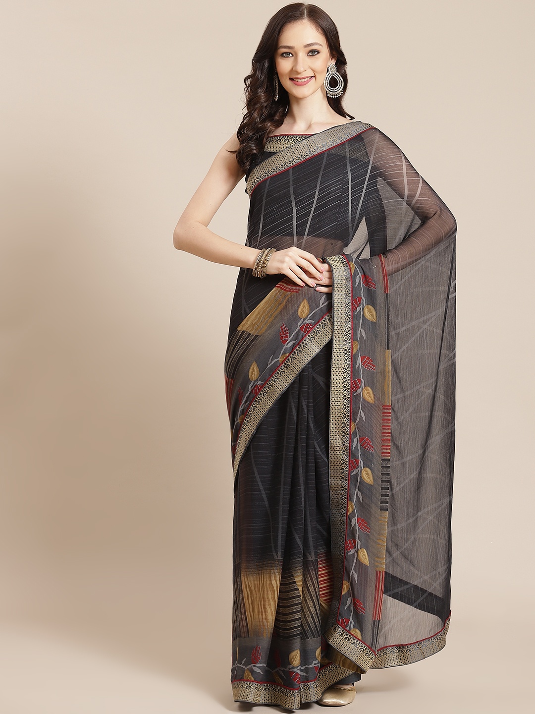 

Satrani Women Charcoal Grey & Yellow Ethnic Motifs Saree