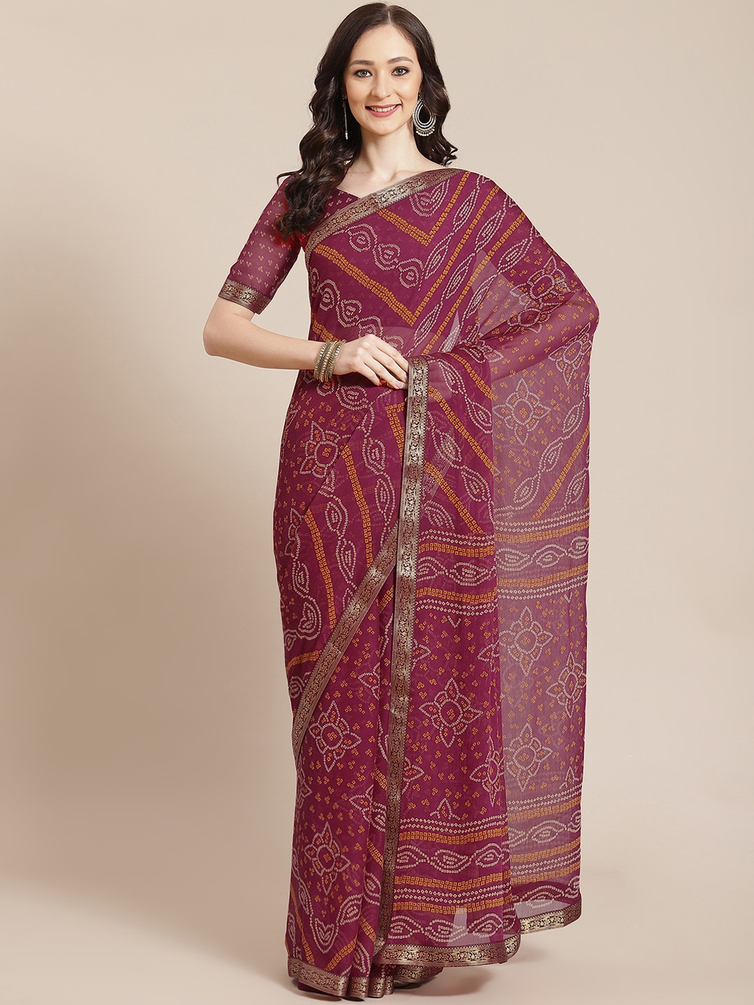 

Satrani Women Burgundy & Mustard Yellow Bandhani Saree