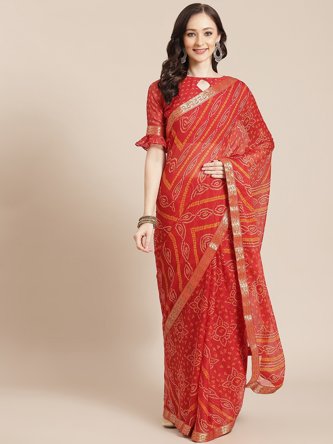 

Satrani Women Red & Mustard Yellow Bandhani Saree