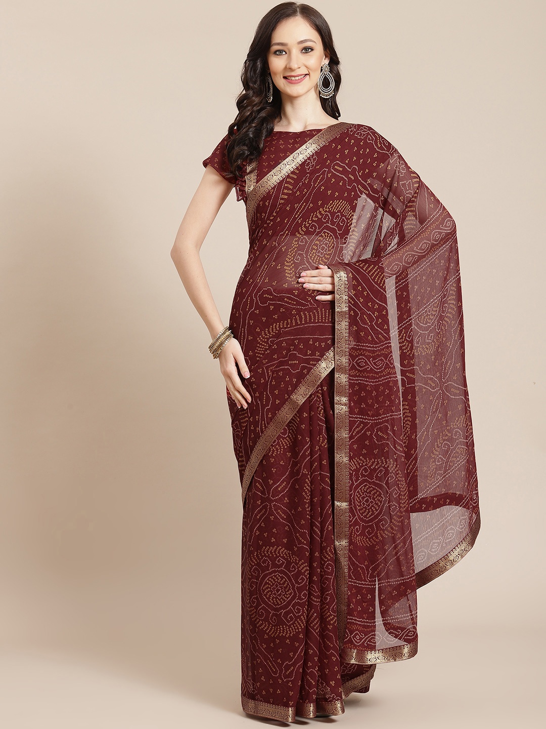 

Satrani Women Maroon & Yellow Bandhani Saree