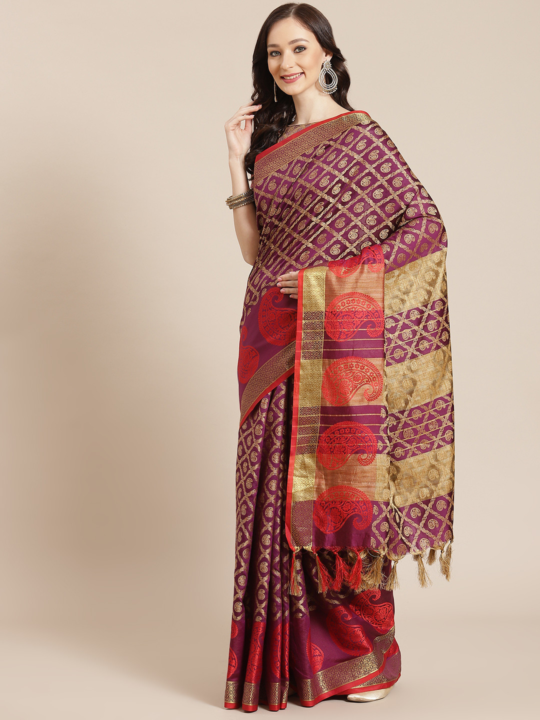 

Satrani Women Purple & Golden Woven Design Saree