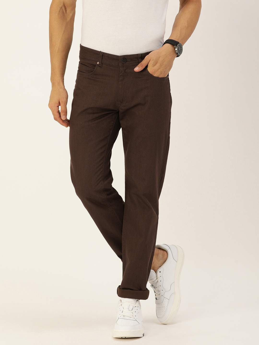 

PETER ENGLAND UNIVERSITY Men Coffee Brown Slim Fit Regular Trousers