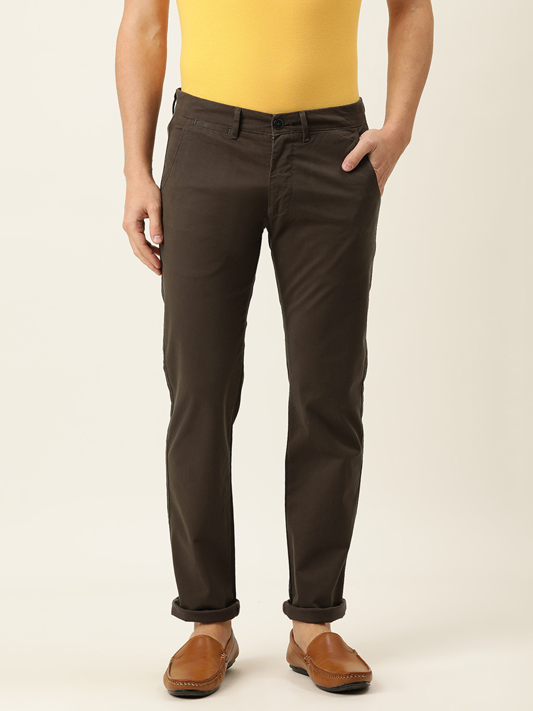 

PETER ENGLAND UNIVERSITY Men Coffee Brown Pure Cotton Mid Rise Slim Fit Trousers