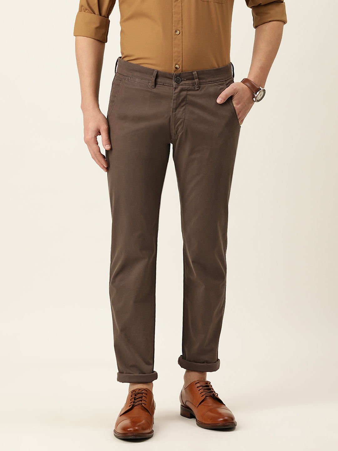 

PETER ENGLAND UNIVERSITY Men Coffee Brown Slim Fit Trousers