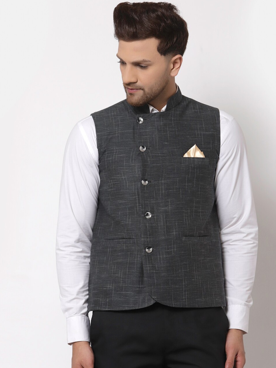 

KLOTTHE Men Black Woven Pure Cotton Nehru Jacket