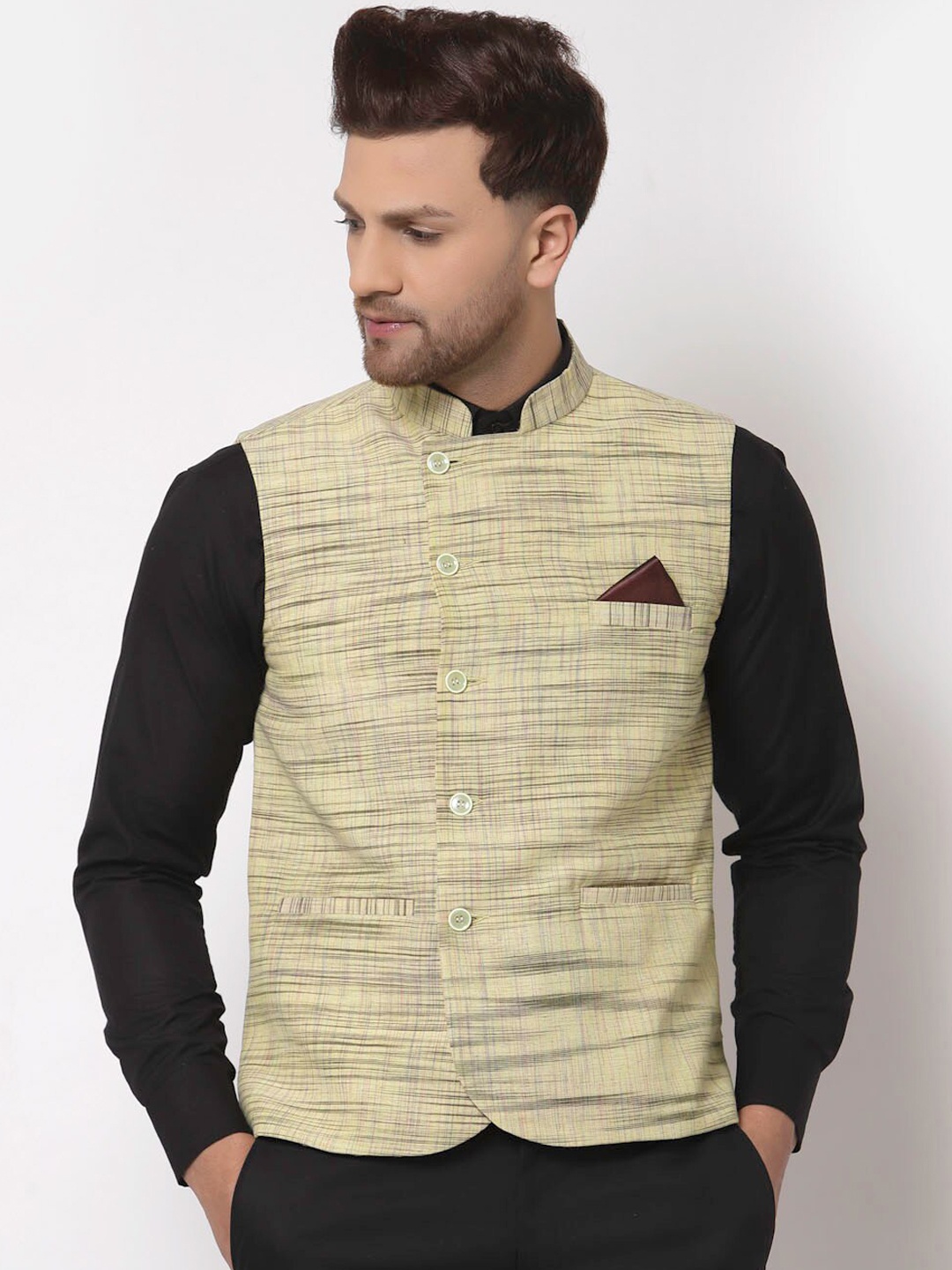 

KLOTTHE Men Yellow & Black Woven Design Cotton Nehru Jacket