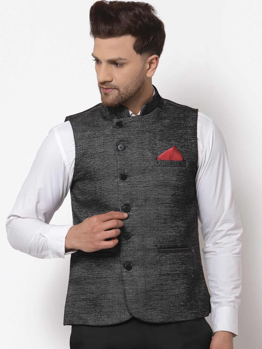 

KLOTTHE Men Black Woven Design Nehru Jacket