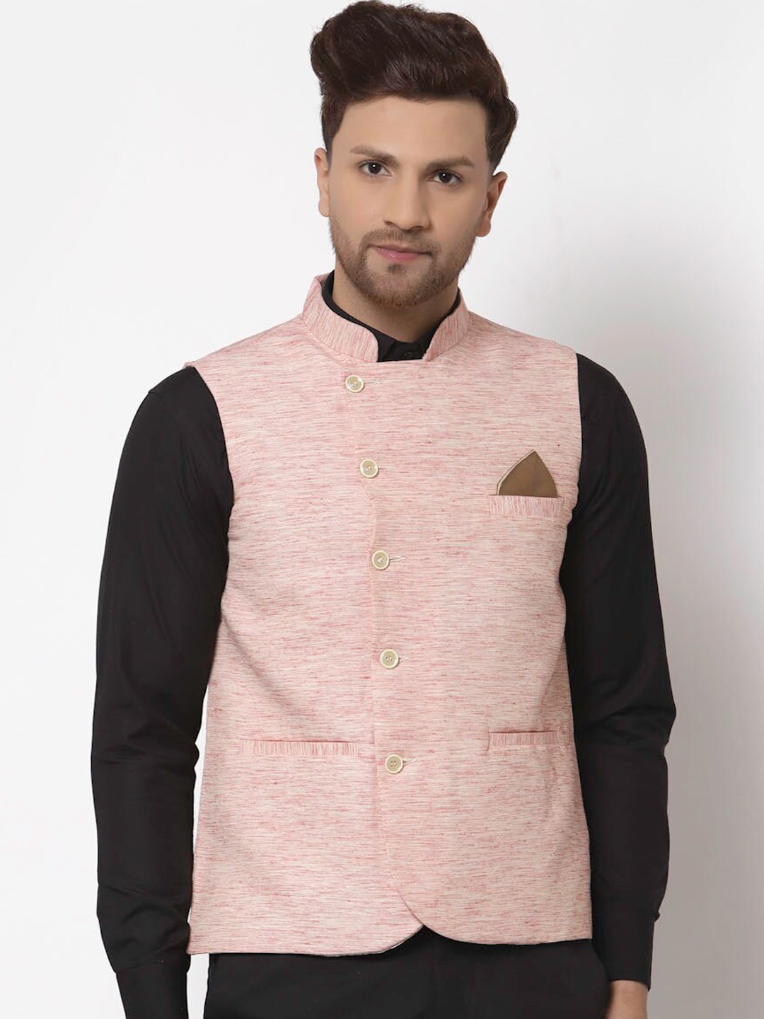 

KLOTTHE Men Red Woven Design Pure Cotton Woven Nehru Jacket