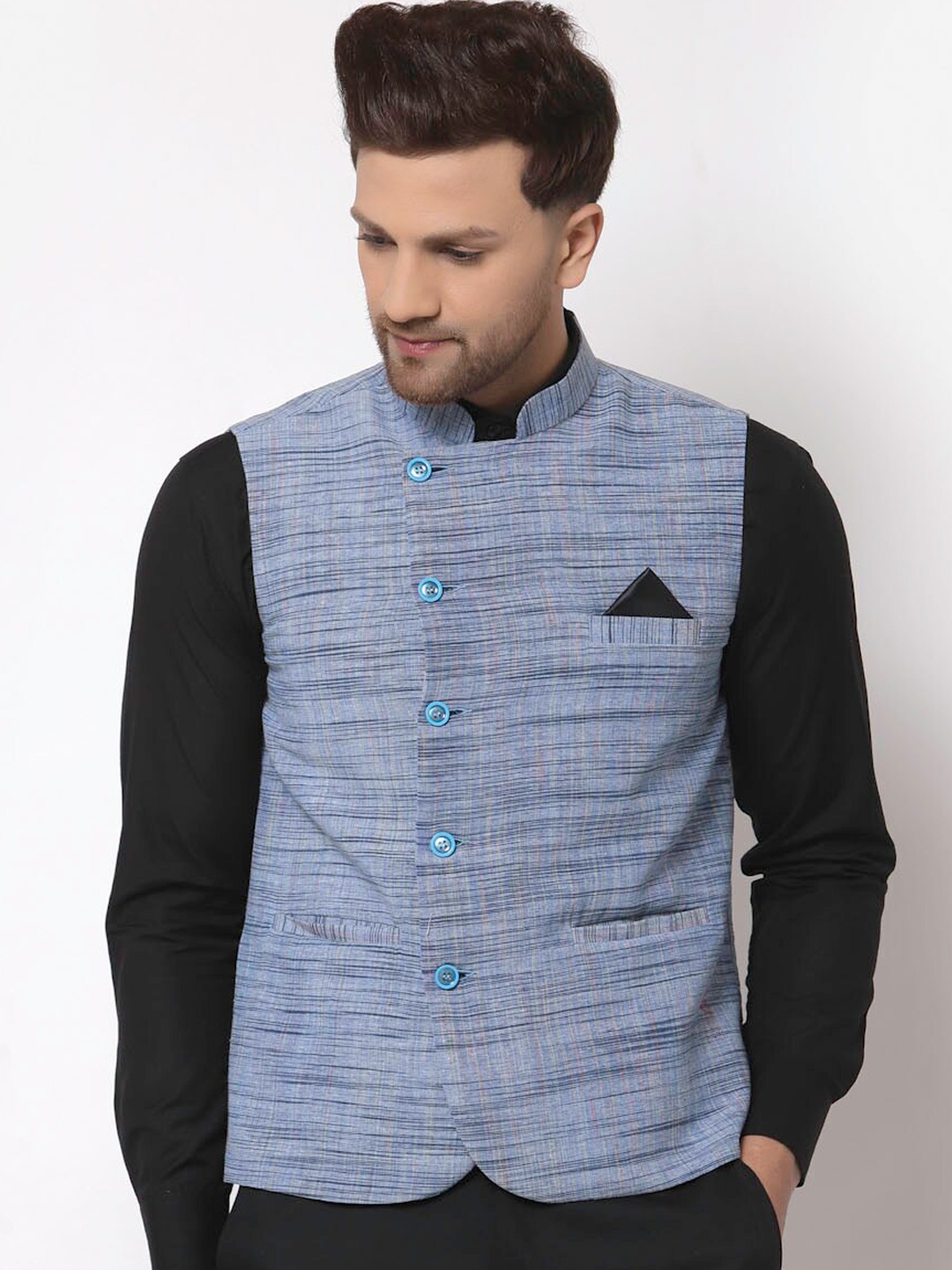 

KLOTTHE Men Blue Checked Pure Cotton Nehru Jacket