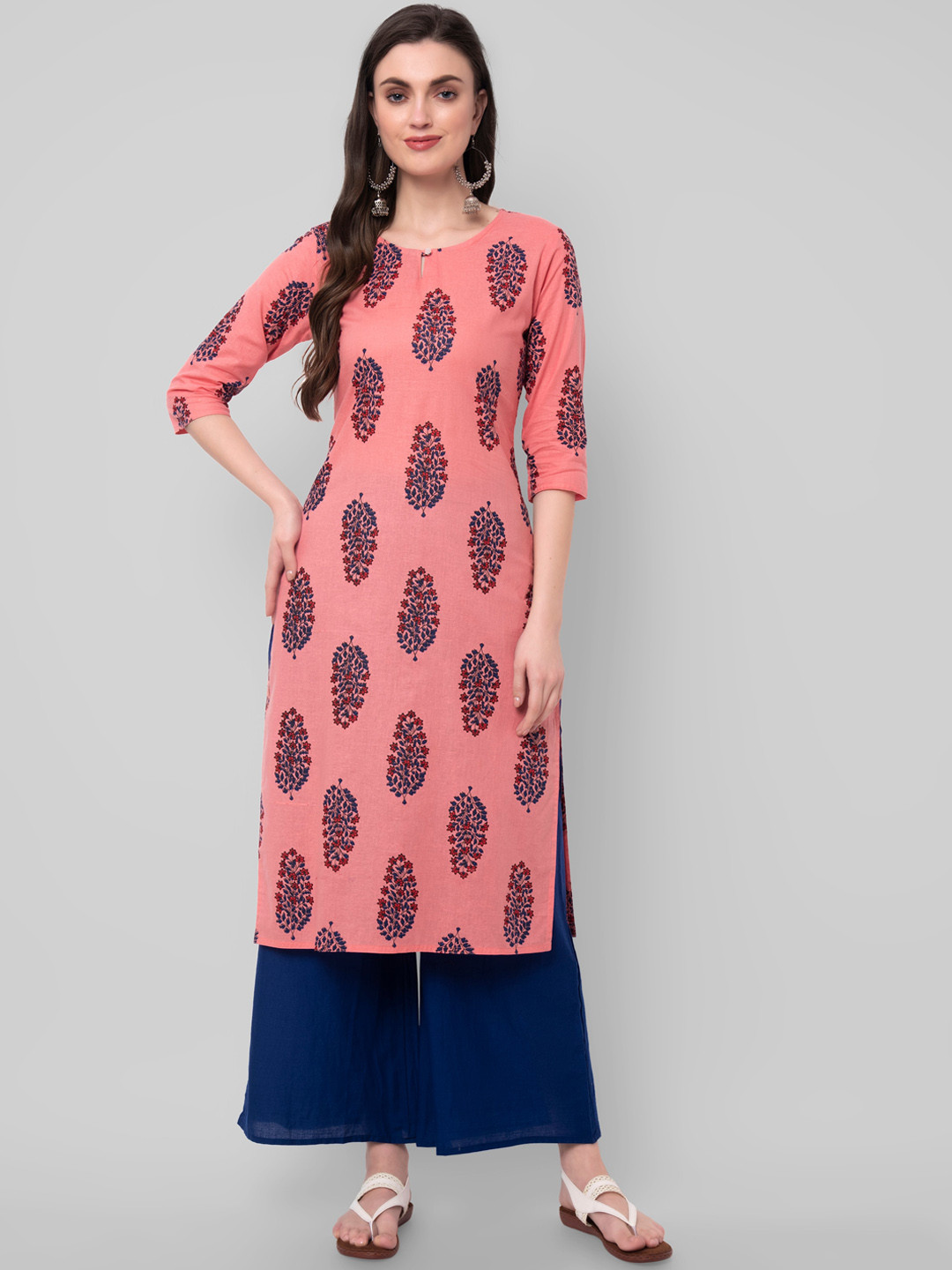 

Wodreams Women Pink & Navy Blue Ethnic Motifs Printed Block Print Cotton Kurta