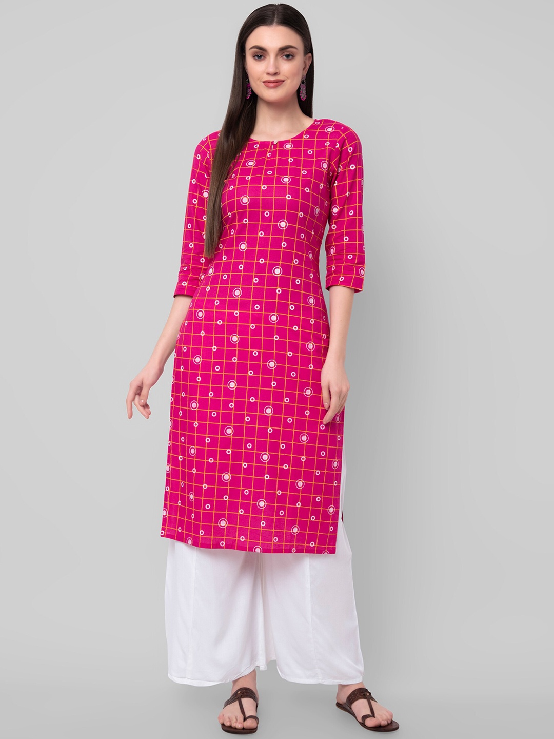

Wodreams Women Pink Checks Print Pure Cotton Kurta