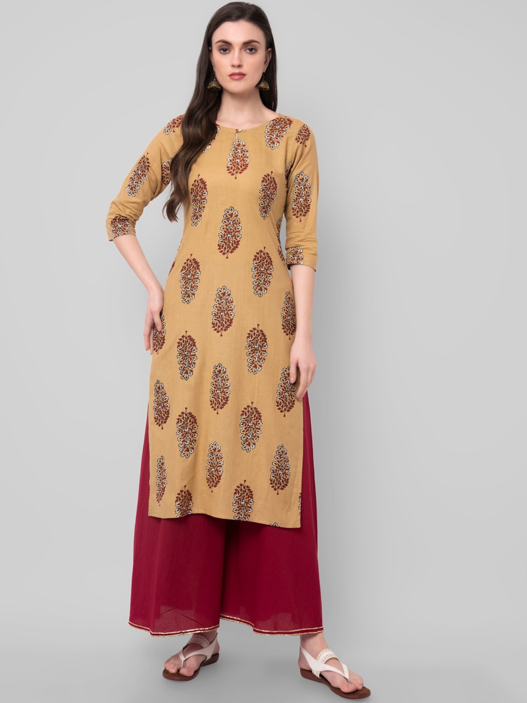 

Wodreams Women Beige Ethnic Motifs Printed Block Print Cotton Kurta