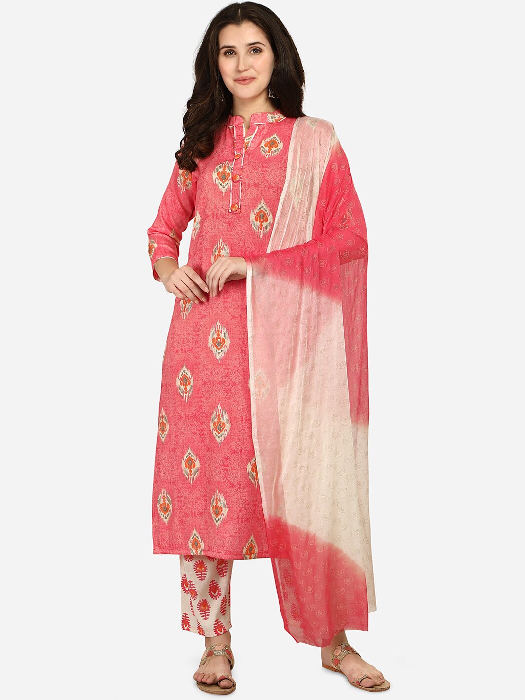 

LEWAWAA Women Peach-Coloured Printed Pure Cotton Kurta with Trousers & Dupatta