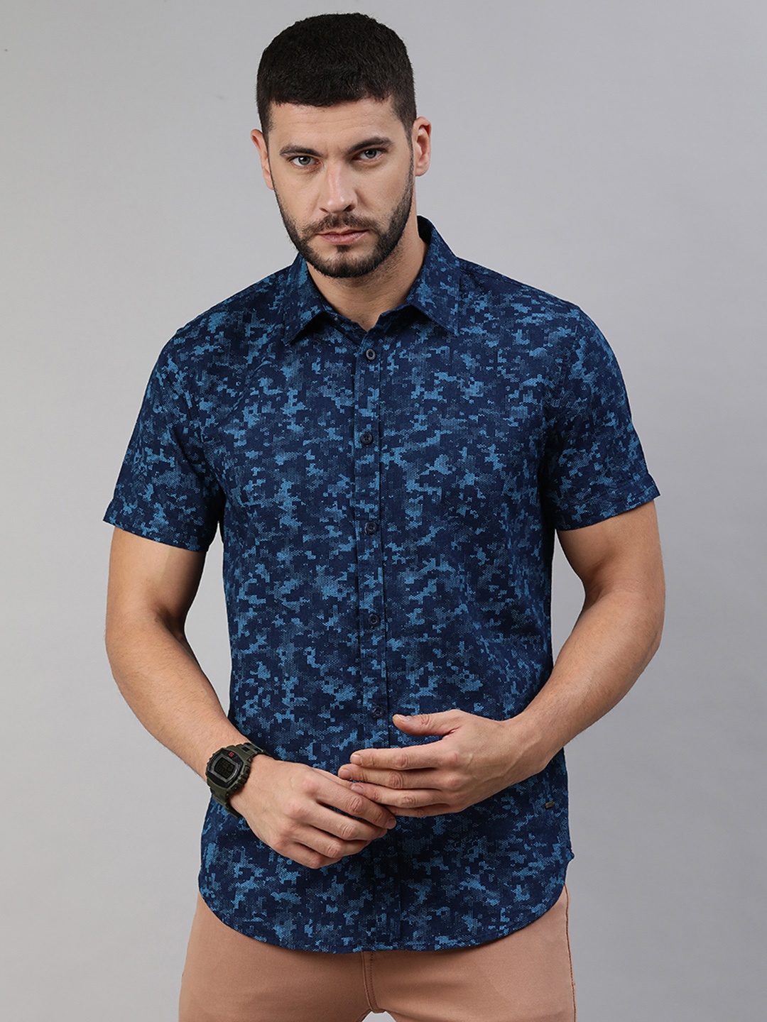 

abof Men Blue Printed Casual Pure Cotton Shirt