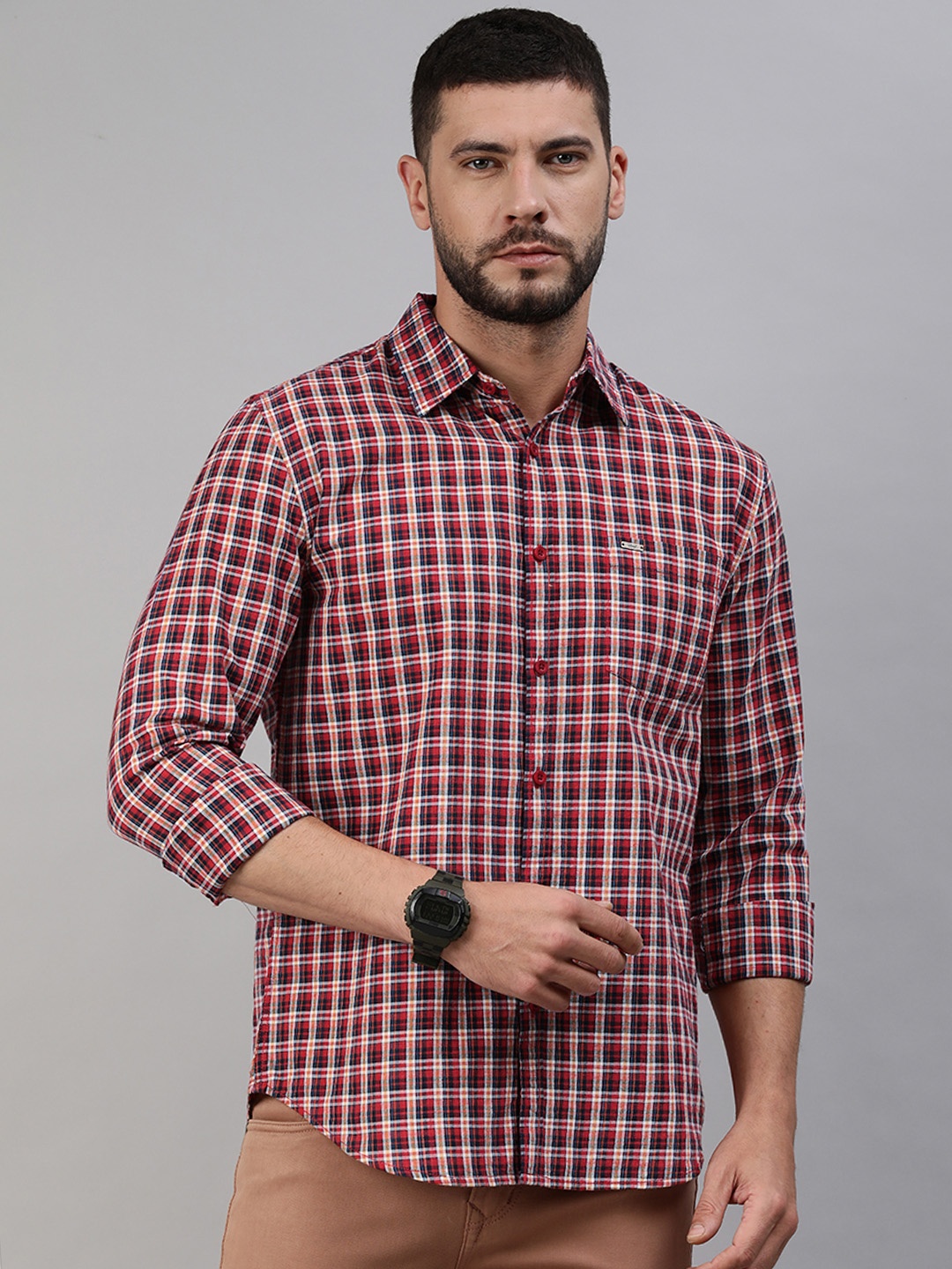

abof Men Red Slim Fit Micro Checked Pure Cotton Casual Shirt