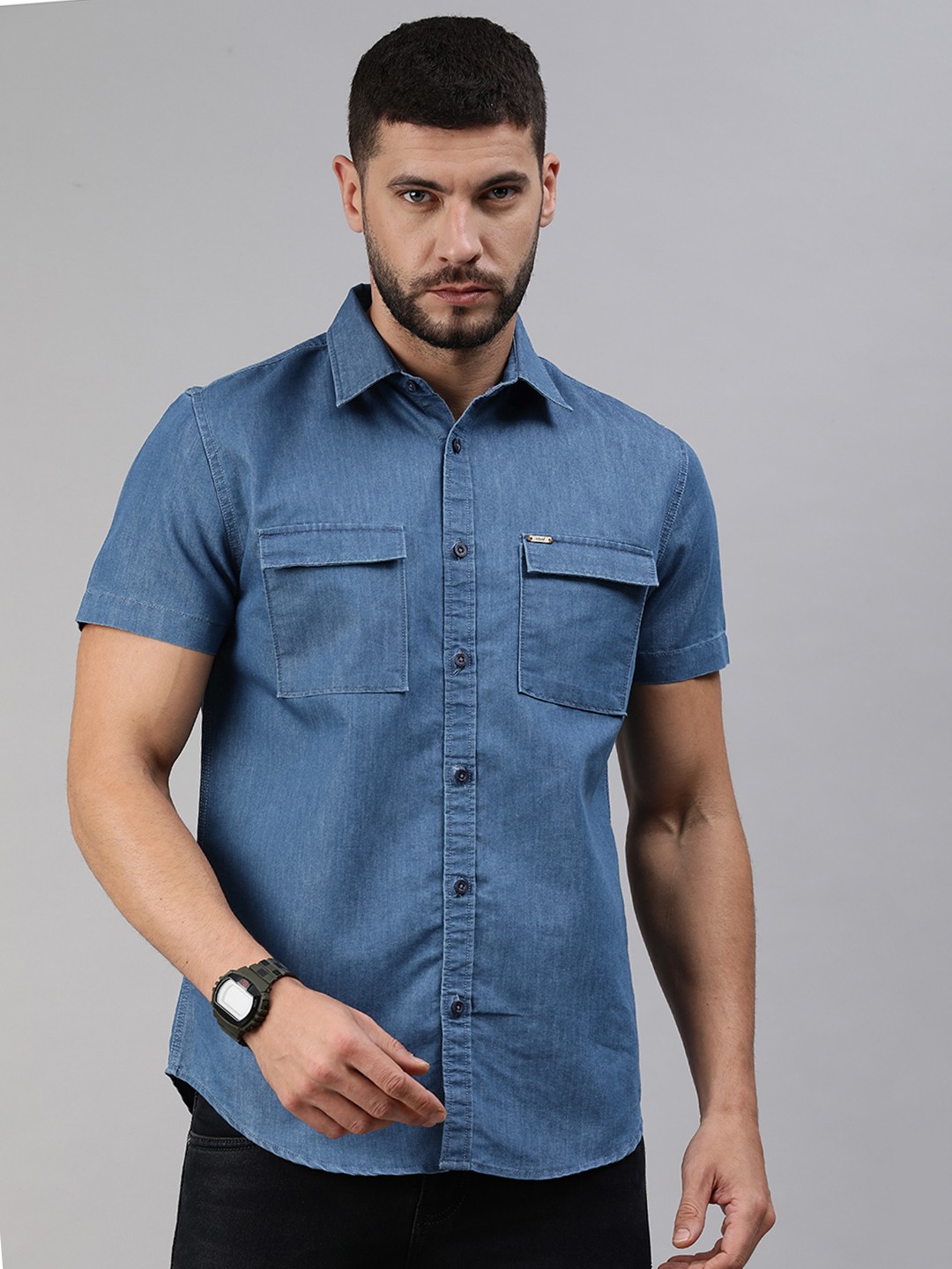 

abof Men Blue Double Pocket Half Sleeve Dark Wash Denim Shirt