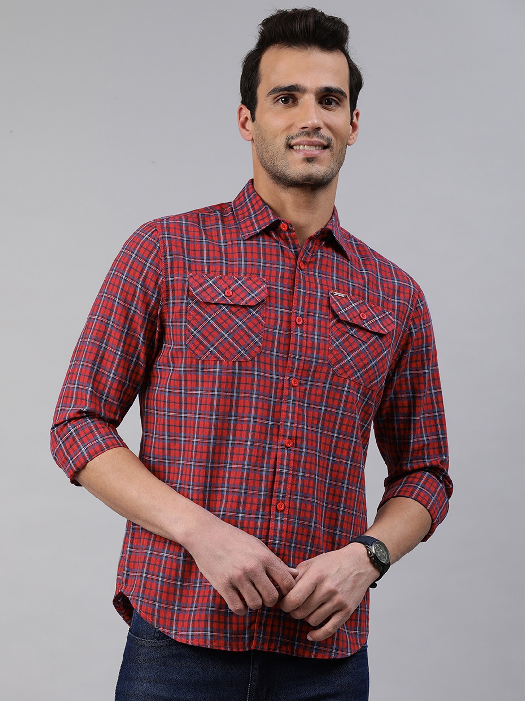 

abof Men Red & Blue Slim Fit Checked Casual Shirt