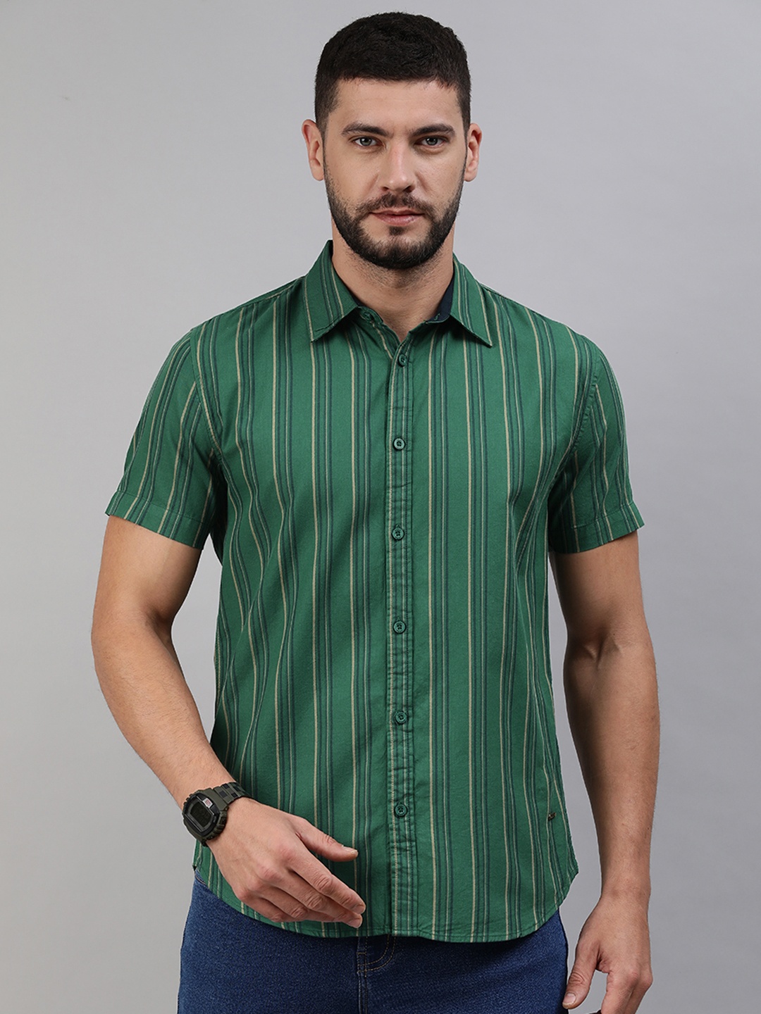 

abof Men Teal Green Slim Fit Striped Pure Cotton Casual Shirt