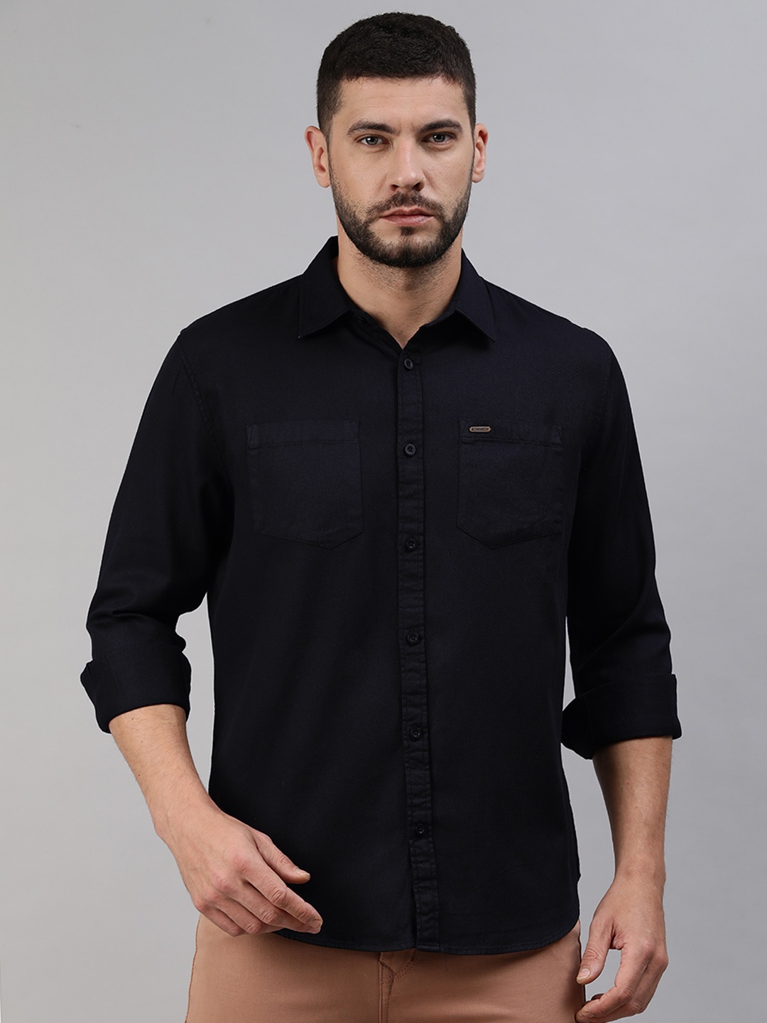 

abof Men Navy Blue Solid Slim Fit Pure Cotton Casual Shirt