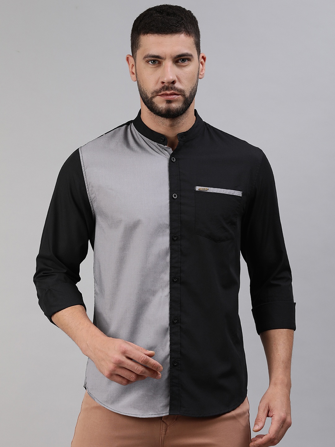 

abof Men Black And Grey Colourblocked Pure Cotton Casual Shirt