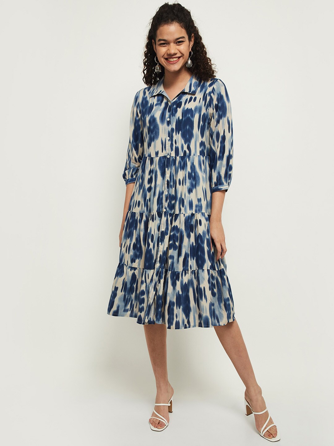 

max Women Blue & Cream Colored Printed Shirt Dress